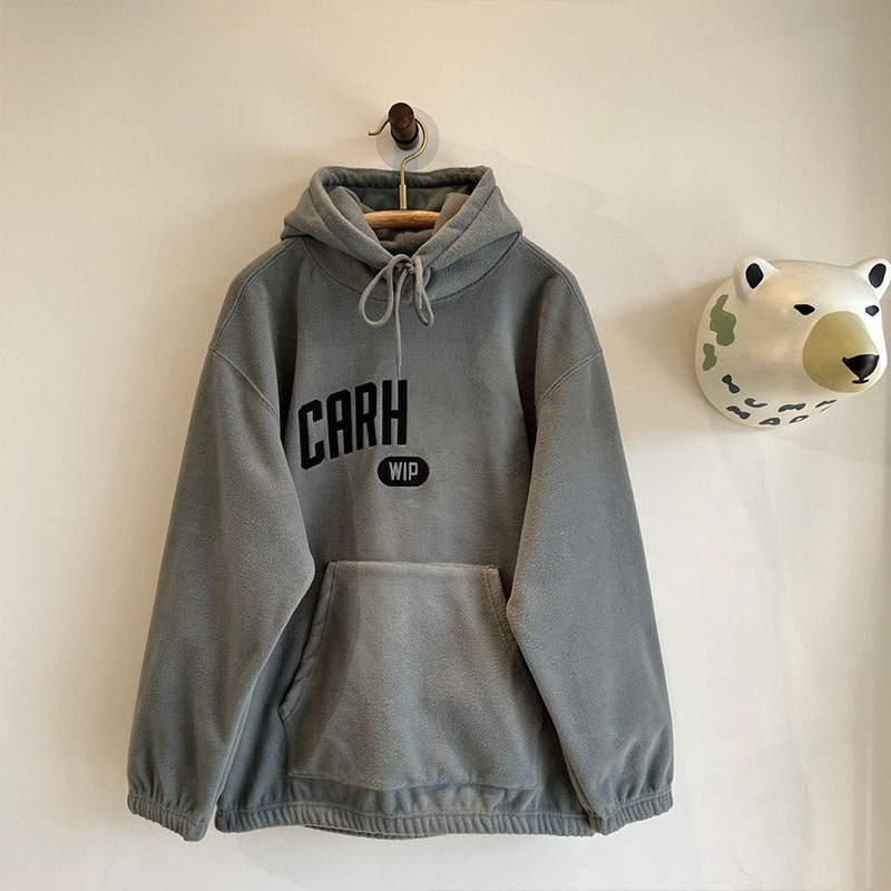 Carhar lambskin fleece hooded embroidered letter hoodie Reflective Long Sleeve Fleece Hoodie Unisex Cotton Tops Men Vintage Sweatshirts