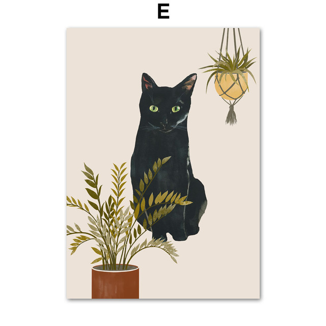 Cute Black Cat Poster e stampe Foglie verdi Piante Tela Pittura Wall Art Immagini nordiche soggiorno Decor Home Decor Frameless w06