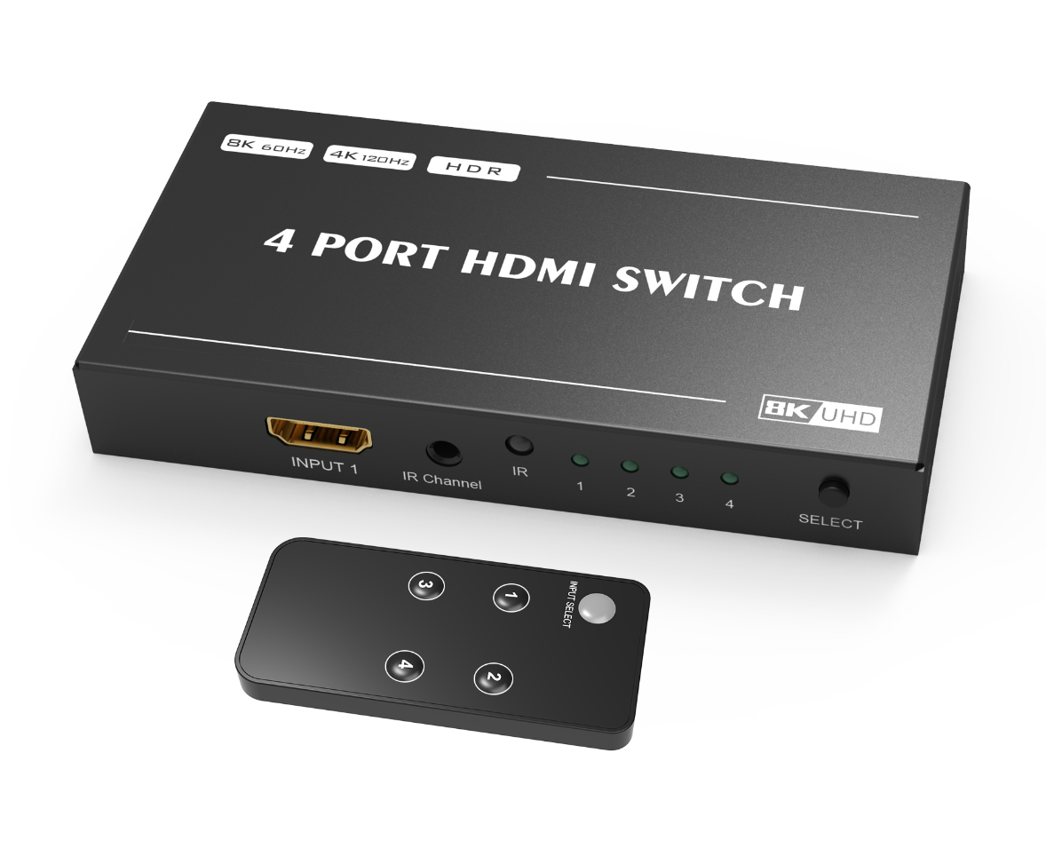 8K 4 porte HDMI Switch Splitter 4 In 1 Out HDMI 2.1 Switcher 8K 60Hz 4K 144Hz Switch Sorgente multipla e display Telecomando IR PS5 Proiettore PS4 Laptop Computer TV