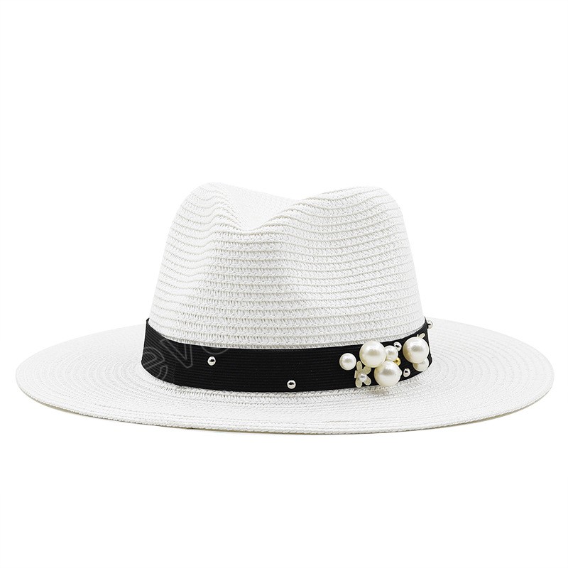 Summer Paper Straw Jazz Hat Women Wide Brim Sun Protection Beach Cap Unisex Wedding Fedora Hat Vintage Pearl Female