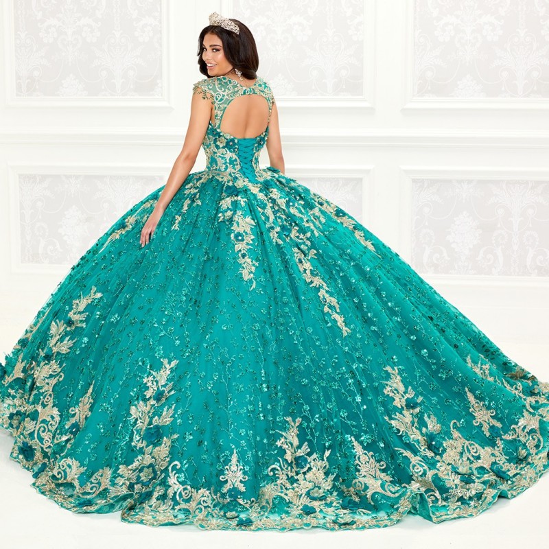 Abiti Quinceanera lucidi verde smeraldo Applique floreale in pizzo Perline Abito da ballo Abiti da 15 anos Abiti Sweet 16 personalizzati