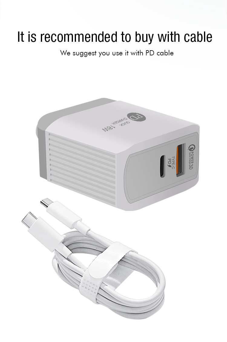 18W USB C carregador duplo port com adaptador de potência de 18w PD PD WALL CARREGOR RÁPIDO 3.0 TIPO C CARRANGO PD 18W Adaptador de energia