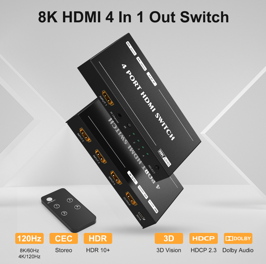 8K 4 porte HDMI Switch Splitter 4 In 1 Out HDMI 2.1 Switcher 8K 60Hz 4K 144Hz Switch Sorgente multipla e display Telecomando IR PS5 Proiettore PS4 Laptop Computer TV