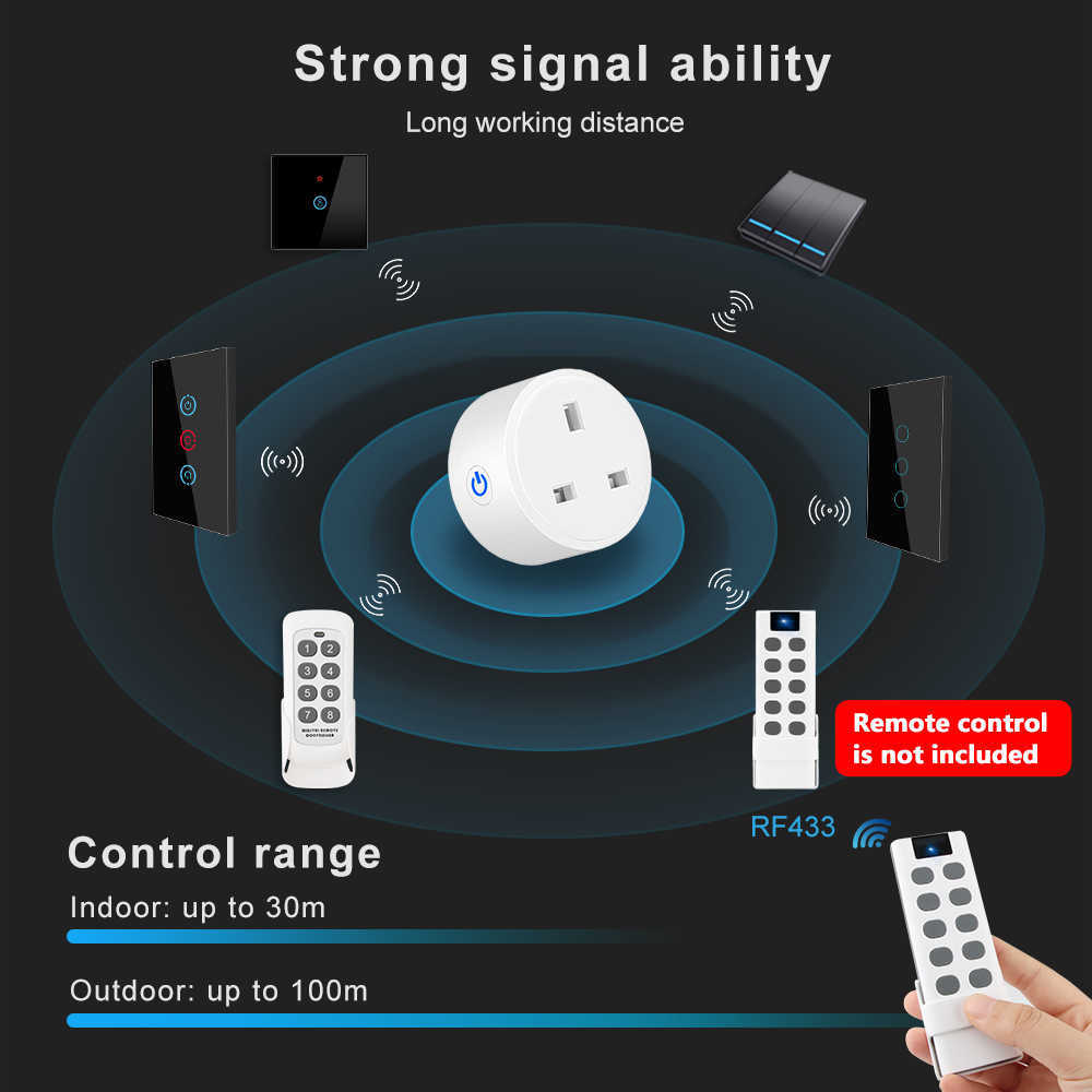 Akıllı Güç Fişleri WiFi RF433 İngiltere Akıllı Soket Fiş Çıkışı 20A Adaptör Güç Monitörü Kablosuz Uzak Ses Kontrol Zamanlayıcısı Ev Alexa HKD230727