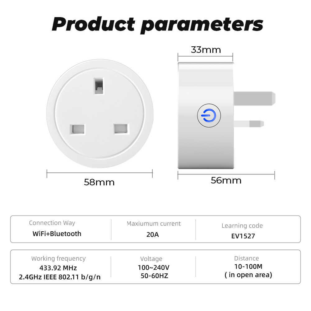 Akıllı Güç Fişleri WiFi RF433 İngiltere Akıllı Soket Fiş Çıkışı 20A Adaptör Güç Monitörü Kablosuz Uzak Ses Kontrol Zamanlayıcısı Ev Alexa HKD230727