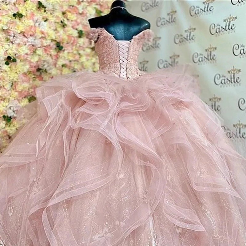 Abiti da principessa rosa Quinceanera Applique Abito da ballo in pizzo Abito da compleanno Tulle Lace-Up Sweet 16 Abiti abiti da 15