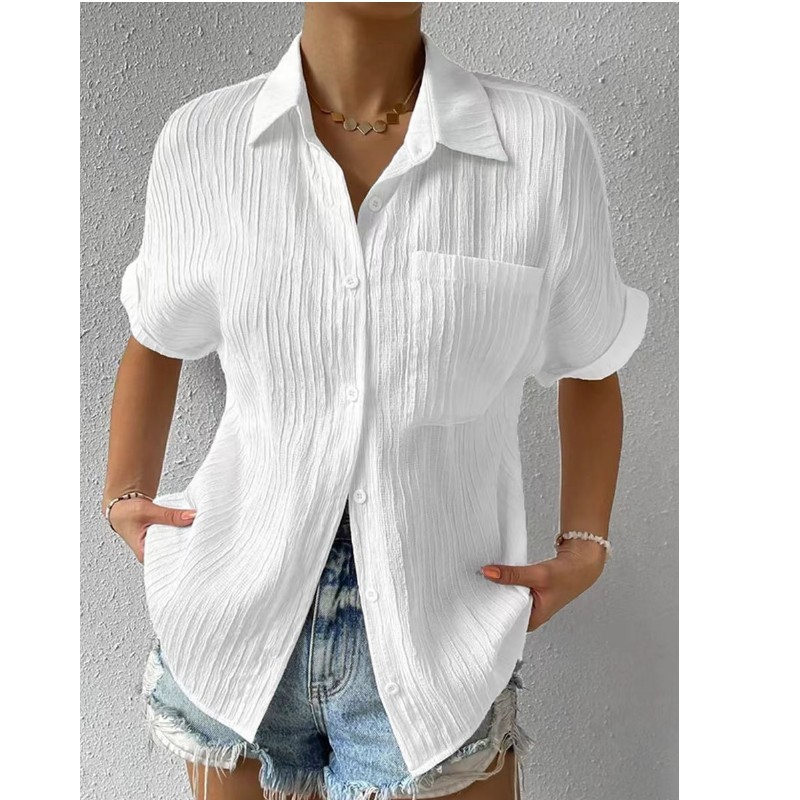 Abbigliamento da donna 2023 Summer Fashion Camicia abbottonata casual semplice plissettata Camicetta a maniche corte tascabile tinta unita