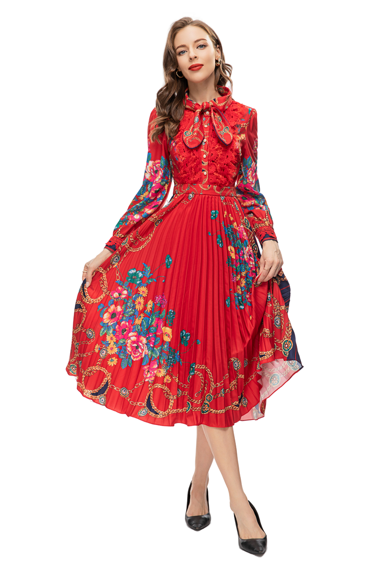 Kvinnors banor klänningar bow detaljerar tryckta långa ärmar veckade high street designer vestidos