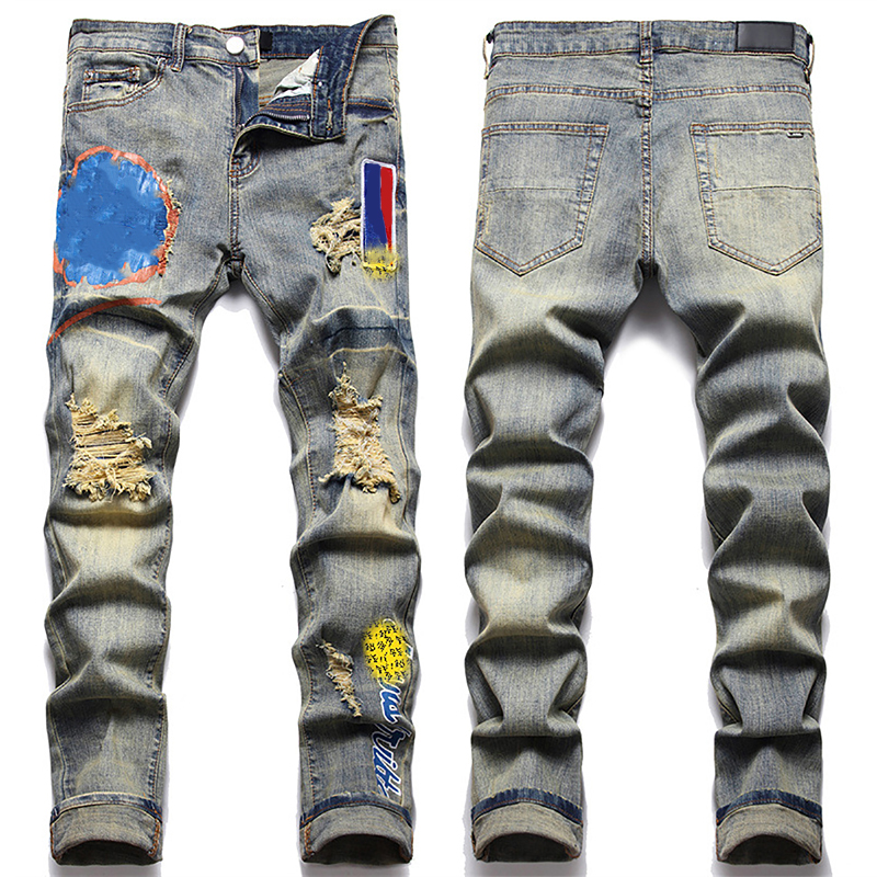 Jeans para hombre diseñador rasgado bordado pentagrama patchwork para marca de tendencia pantalón de motocicleta para hombre flaco invierno01 677