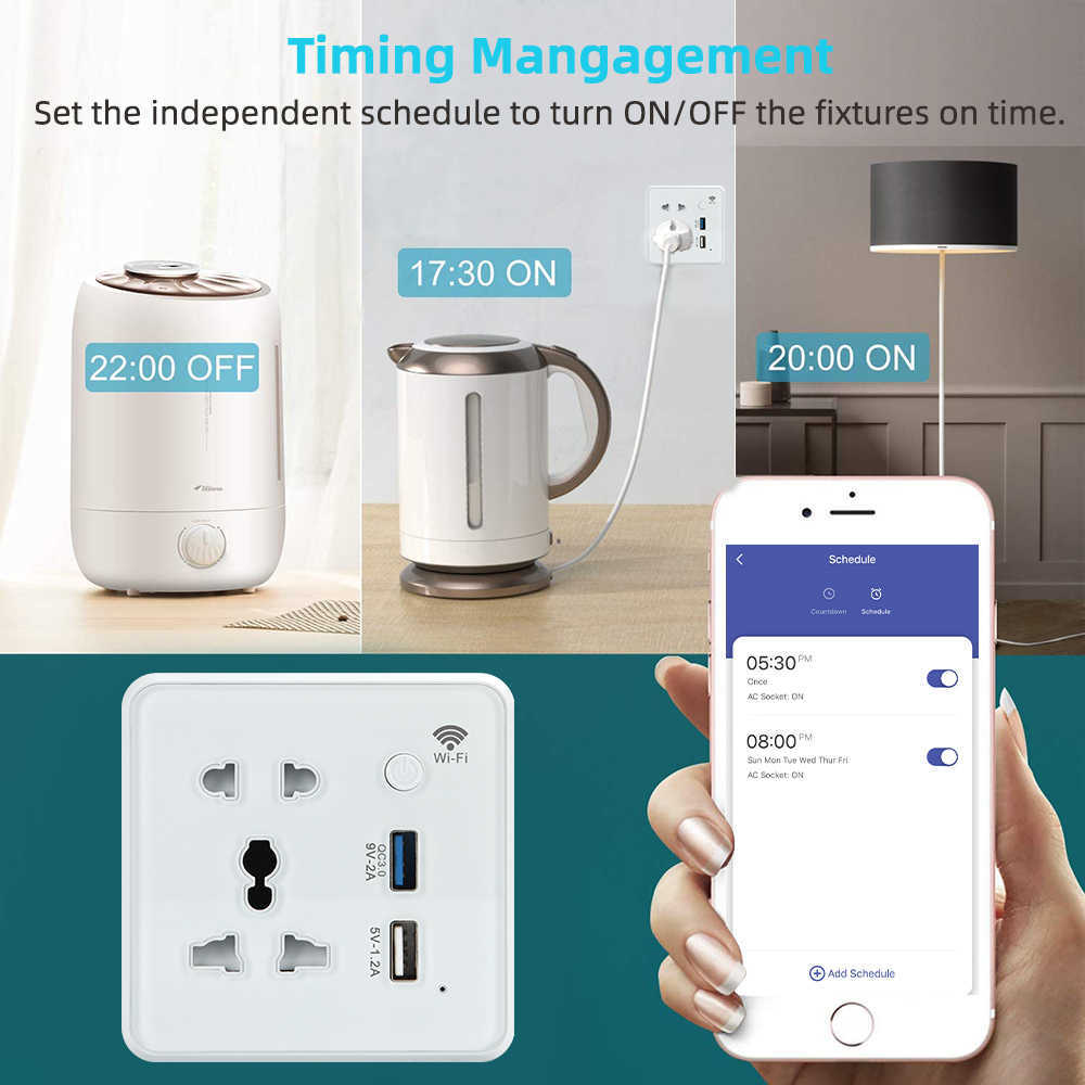 Smart Power Plugs Tuya WiFi Wall Smart Socket US EU UK PLICK HÄNDIGT GLASS Snabb laddare 3.0 USB laddning Timing App för Home Alexa HKD230727