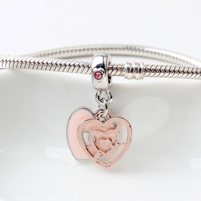 Fashion Pink Enamel Hollow Heart Shape Charm Beads Rose Gold European Charms Bead Fit Sterling Silver Pandora Bracelets DIY Jewelry