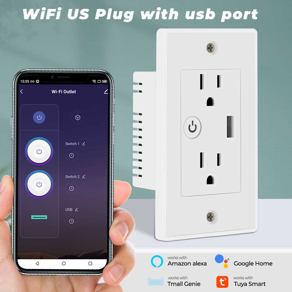 Smart Power Plugs 2 en 1 Tuya WiFi Smart Socket US Outlet Charger USB Cargo de carga Aplicación de vida útil para el hogar Alexa Tmall Genie HKD230727