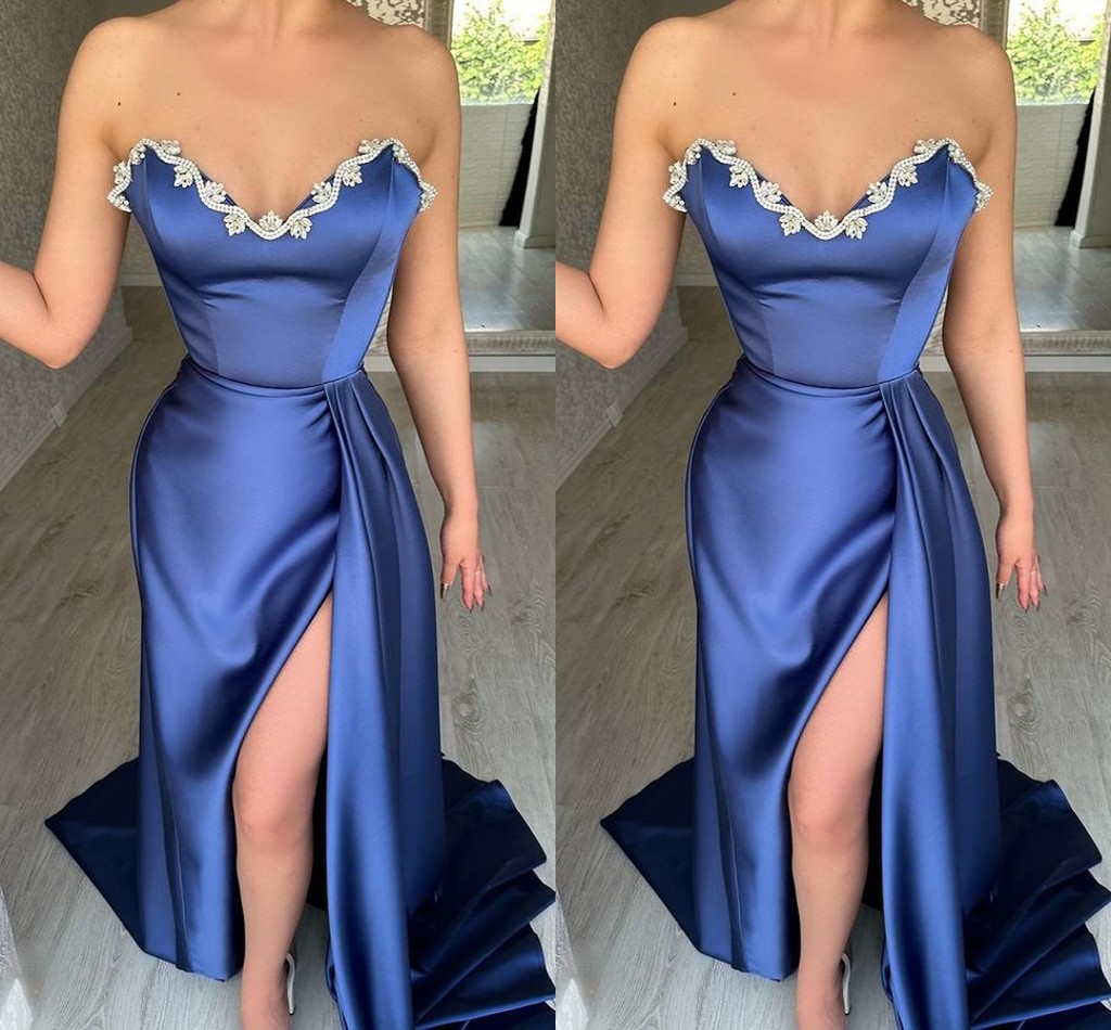 Vestidos de Bainha Sexy Azul Marinho Longos para Mulheres Querida Frisado Lado Alto Dividido Pregas Drapeado Vestido de Festa Formal Concurso de Aniversário Vestidos de Noite de Celebridade