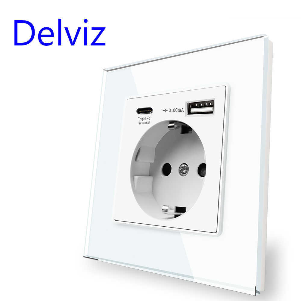 Smart Power Plugs Delviz Crystal glass USB Socket Type-C USB port EU standard 1A 1C Smart dual interface Type-C Quick Charge Wall Power Outlet HKD230727