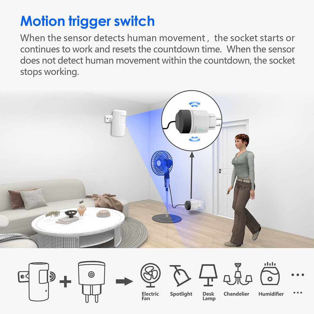 Intelligente Netzstecker, PIR-Infrarotsensor und intelligentes Stecker-Set, 110 V, 220 V, EU-Steckdose, Infrarot-Bewegungsmelder, Timing-Modul für Heimautomation, Lampenventilator, HKD230727