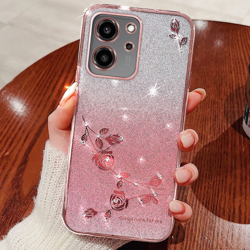 Cristal Diamant Bling Glitter Soft TPU Cas Pour Iphone 15 Pro Max 14 Plus 13 12 11 8 7 6 X XR XS Fleur Chromé Placage Métallique Gradient De Luxe Mode Couverture De Téléphone Mobile