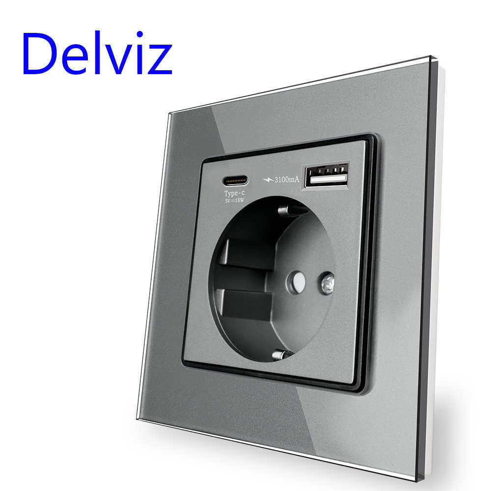 Slimme stekkers Delviz Kristalglas USB-aansluiting Type-C USB-poort EU-standaard 1A 1C Slimme dubbele interface Type-C Snel opladen Stopcontact HKD230727