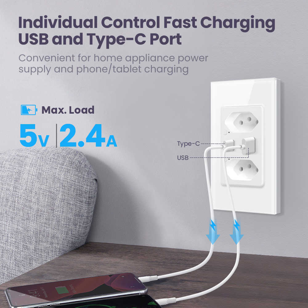 Smart Power Plugs Tuya WiFi/Zigbee Smart Brazil Wall Socket with USB and Type C Port Individual Control Outlets Plug Works with Home Alexa HKD230727