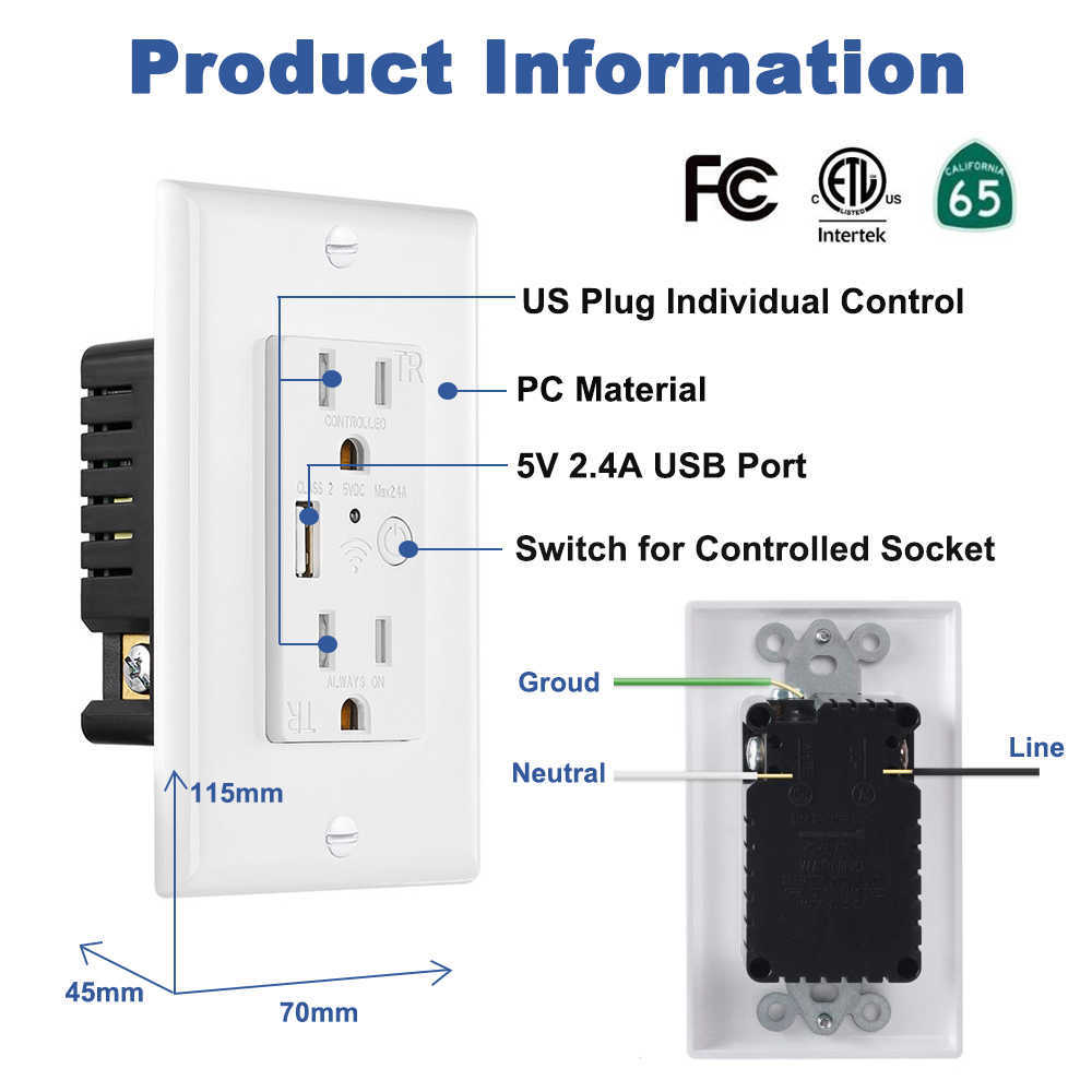 Smart Power Plugs WiFi Smart Wall Outlet avec chargeur USB double commutateur de fiche US TUYA Smart App Remote Control Socket With Alexa Home HKD230727