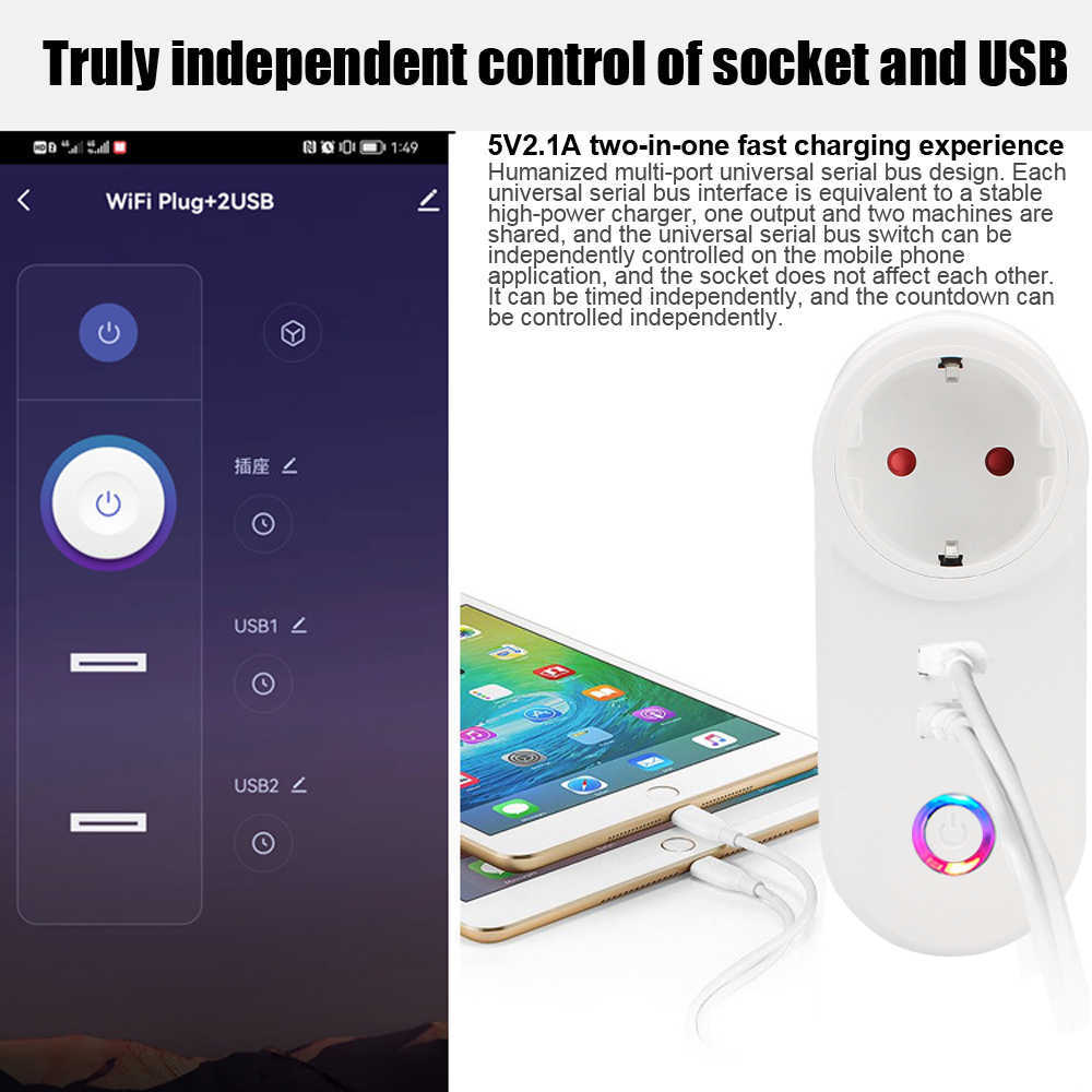 Wtyczki inteligentnej zasilania zasilanie gniazdo bezprzewodowego Wi-Fi USB UE Monitor Monitor Timer Alex Control Timer Timer Tuya Charger Wi-Fi Smart Plug HKD230727