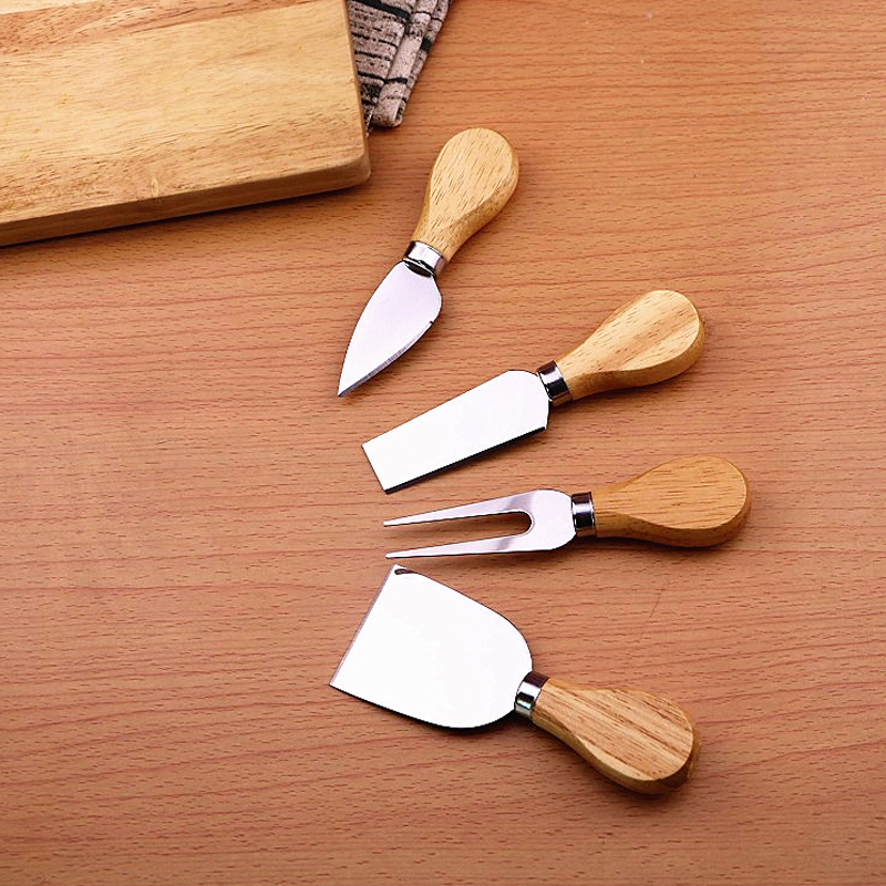 4stOak Wood Trähandtag Knife Fork Gaffel Kit rostfritt stål Butter Spridare gratrar för att klippa Bakning Chesse Board Tool