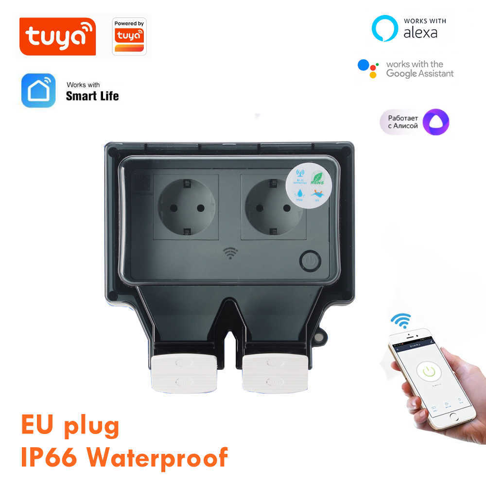 Smart Power Plugs Tuya Wall Electrical Sockets IP66 Vattentät kraftuttag med Cover WiFi Smart Plug EU Standard utomhus regntät socket HKD230727