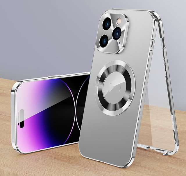 For iPhone 15 12 13 14 Pro Max Case 360° Full Screen Lens Metal Magnetic Magsafe Cases Aluminum alloy HD Glass protective cover iphone15