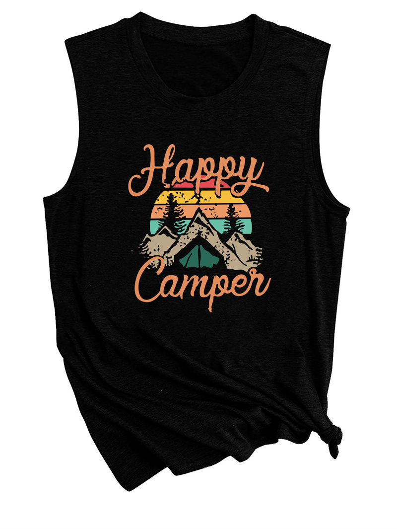 Tank tops för kvinnor Happy Camper ärmlös grafisk tee -skjortor Löst passande Vest Tees