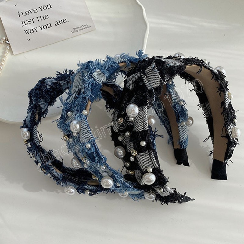 Mädchen Denim Stirnbänder Perle Strass Geknotet Haar Hoop Breite Seite Patchwork Haar Zubehör Trendige Haarbänder Für Frauen Y2k