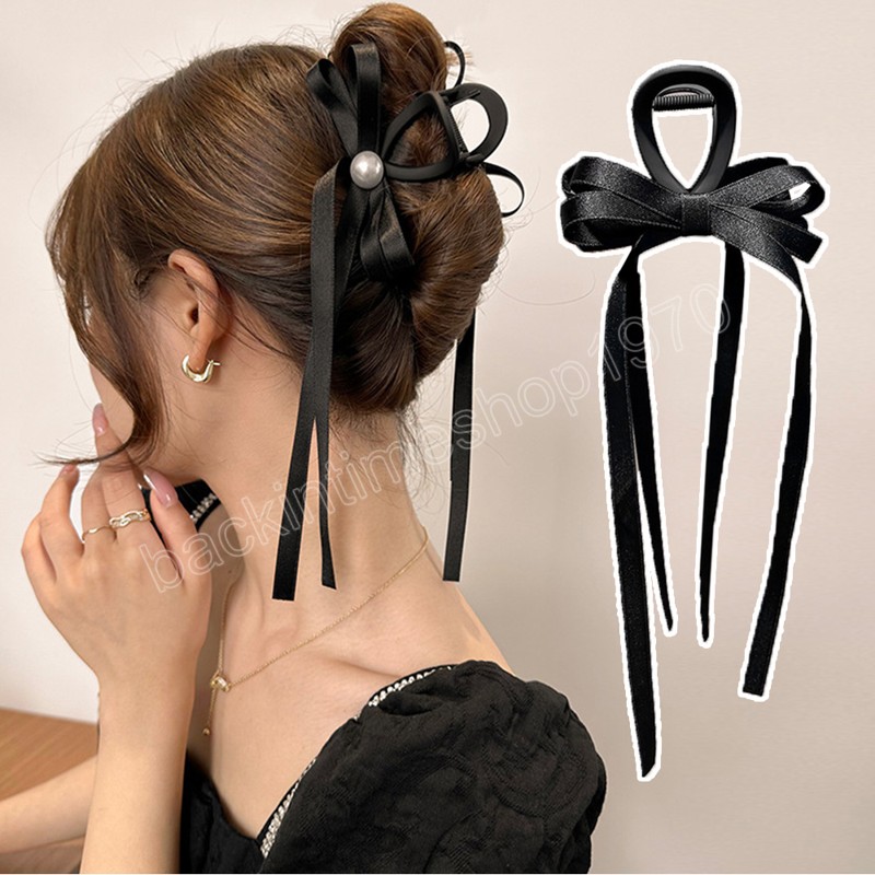 Fashion Women Bow Pearl Hair Claw Clips Ribbon Barrettes Vintage Girls Bowknot Hairpins Headwear Hairstyle Long Tassel