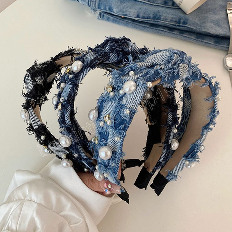 Mädchen Denim Stirnbänder Perle Strass Geknotet Haar Hoop Breite Seite Patchwork Haar Zubehör Trendige Haarbänder Für Frauen Y2k