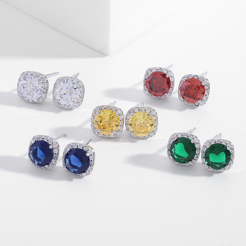 Retro Stud Earrings S925 Silver Needle Micro Set Zircon Colorful Zircon Square Earrings Korean Women Fashion Earrings Wedding Party Jewelry Valentine's Day Gift SPC