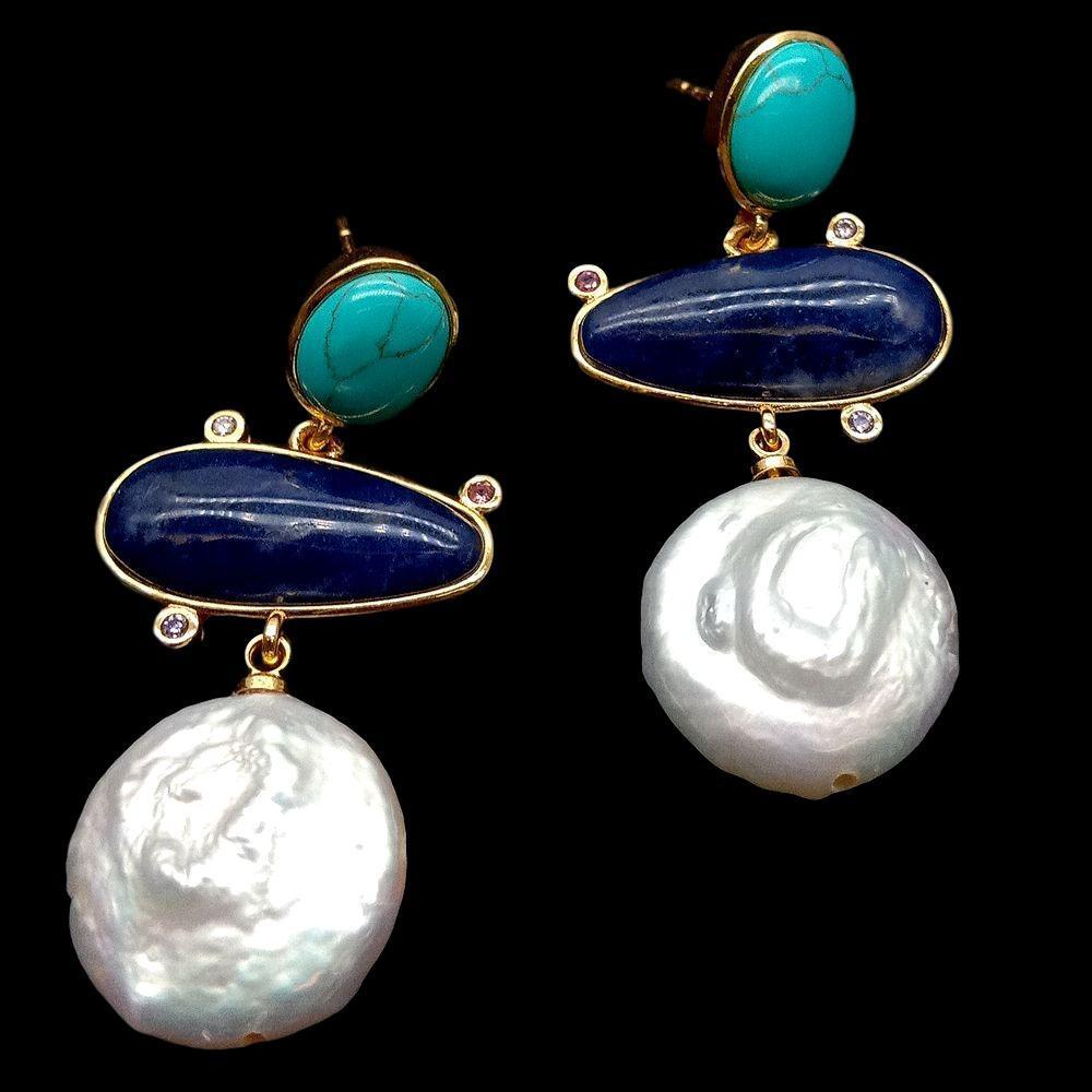 Stud YYGEM Géométrique Naturel Sodalite Culture Blanc Coin Perle Turquoise Avec Bord Galvanisé Boucles D'oreilles Pour Les Femmes 230727