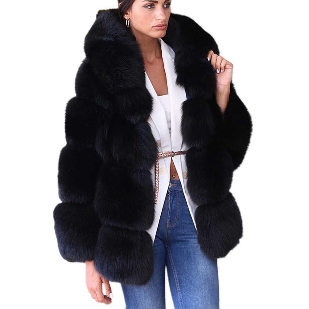 Futra kobiet faux fur hjqjljls 2021 Zima nowe kobiety eleganckie czarne sztuczne futrzane płaszcz z kapturem żeńska gęsta ciepła puszysta sztuczna kurtka futra hkd230727