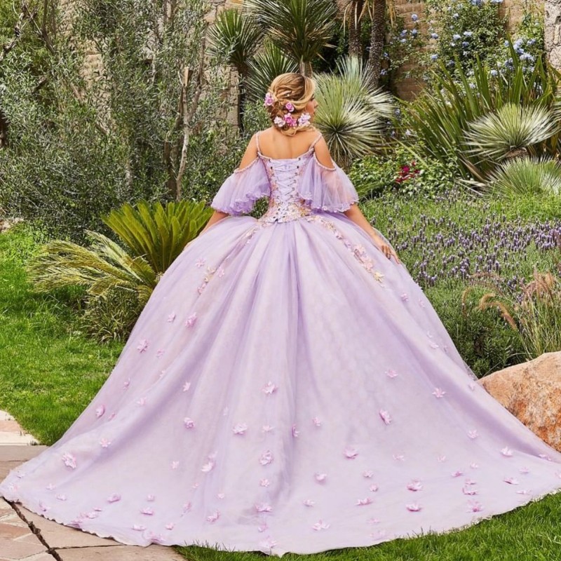 Lavendel söt 16 bollklänning klänning quinceanera klänningar från axel applikation pärlor 3dflower prom klänningar vestido de 15 anos