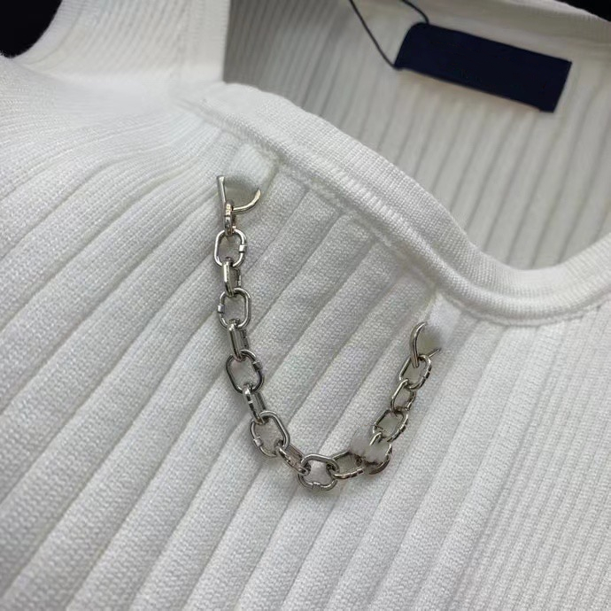 2023 Fashion Designer litera haft haft stały kolor vintage dzianin kamizelki sweter damski metalowy łańcuch prostej kamizelki uprawne Topy