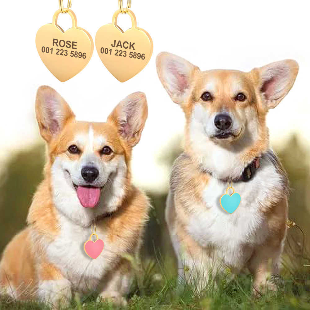 Personlig katthund-ID-taggar Heart Shape Dog Cat Name Tag Anpassad graverad Anti-Lost Pendant Pet Dog Collar Accessories L230620