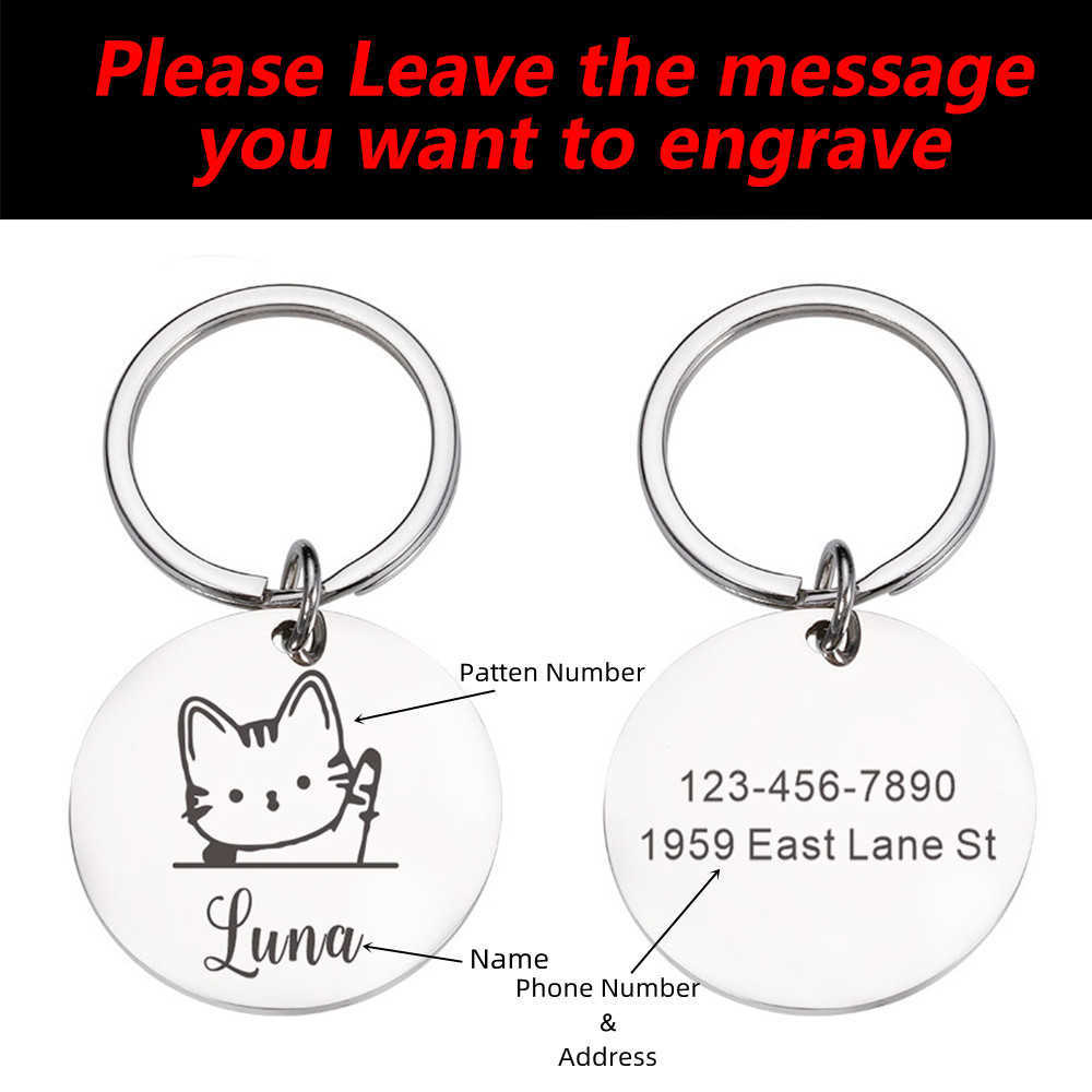 Personlig katt -ID -taggar Anti Lost Mirror Pet Name Plates Free Gravering Kattunge Adress Namn Plattan Pendant Tillbehör för husdjur L230620