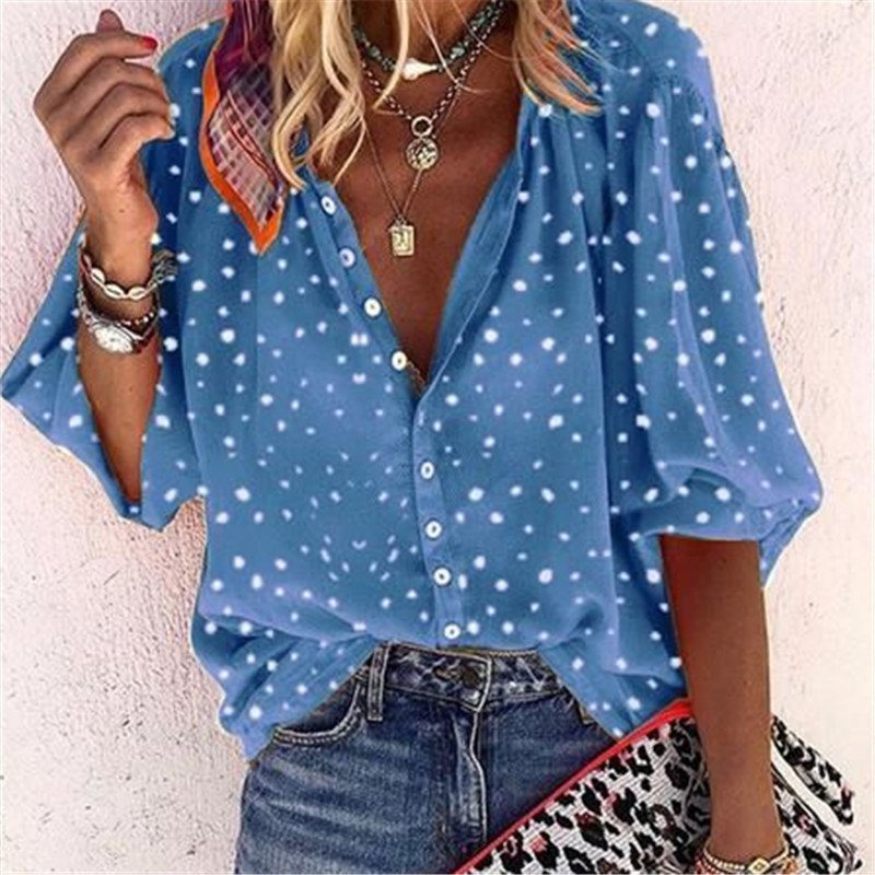 Projektantki Tops Koszule dla kobiet projektantki Lapel Lapel Blue-Size Bluzka To nowy hit V-dheck Floral Print Blot-Size Plus Polka Dot Print Snowflake