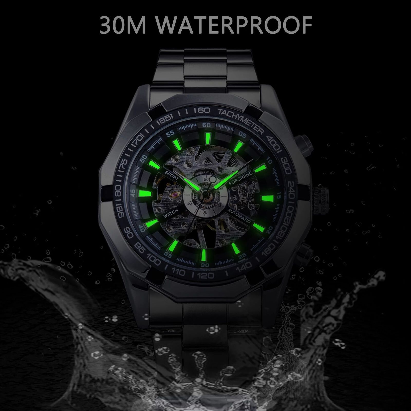 Wristwatches Forsining Stainless Steel Waterproof Mens Skeleton Watches Top Brand Luxury Transparent Mechanical Sport Male Wrist 230727