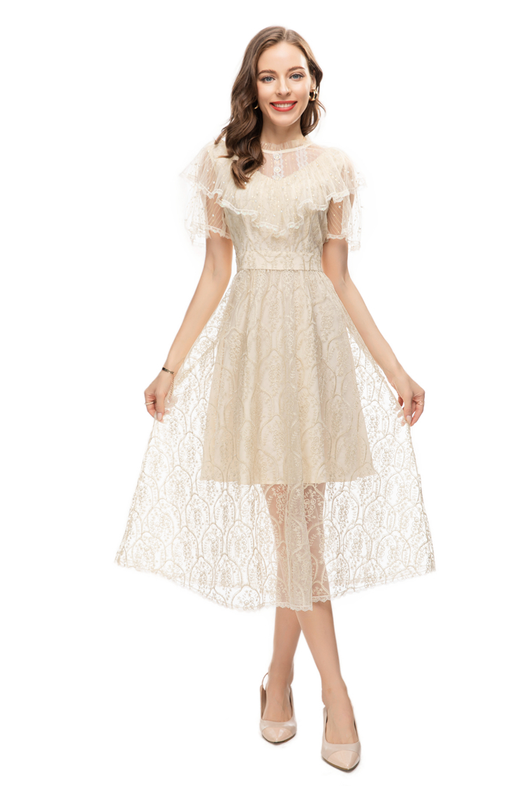 Women's Runway Dresses O Neck Short Sleeves Embroidery Ruffles Beaded Layered High Street Fashion Designer Vestidos