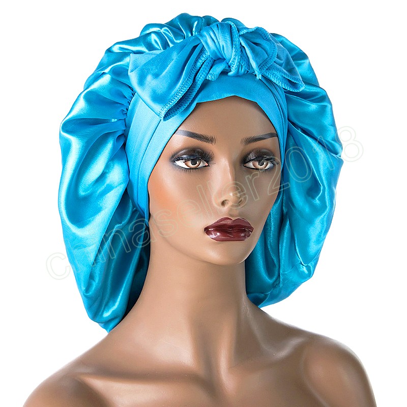 Nouveau Satin Bonnet large Stretch cravates bande soie nuit bonnet de sommeil Turban Polyester élastique longue queue cheveux Bonnet chapeau couvre-chef