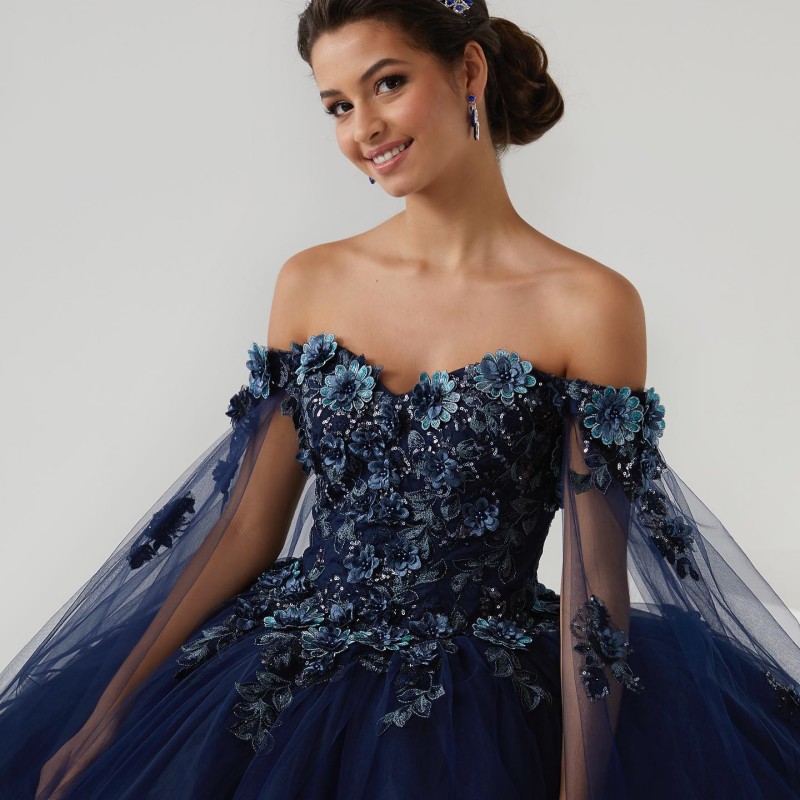 Navy Blue Ball Gown Quinceanera Dresses with Cape Party Applique 3D Flower Tull 16 Princess Gowns Vestido De 15 Anos