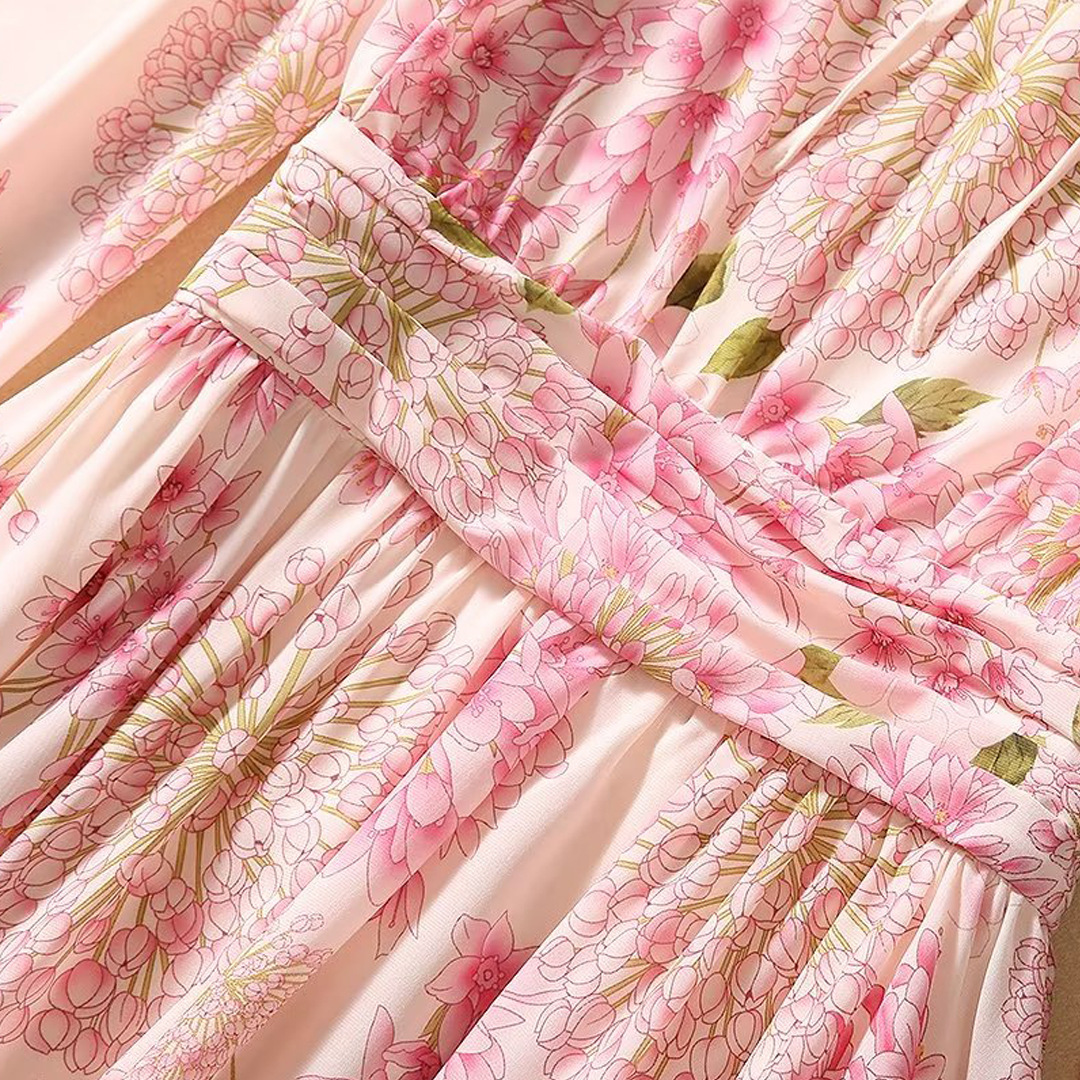 2023 Summer Pink Floral Print Ribbon Tie Bow Chiffon Dress Long Sleeve Round Neck Belted Long Maxi Casual Dresses A3Q191341 Plus Size XXL