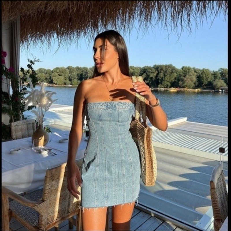 2023 Women's New Summer Sexy Short Skirt with Ribbed Fringe Tight Denim Dress