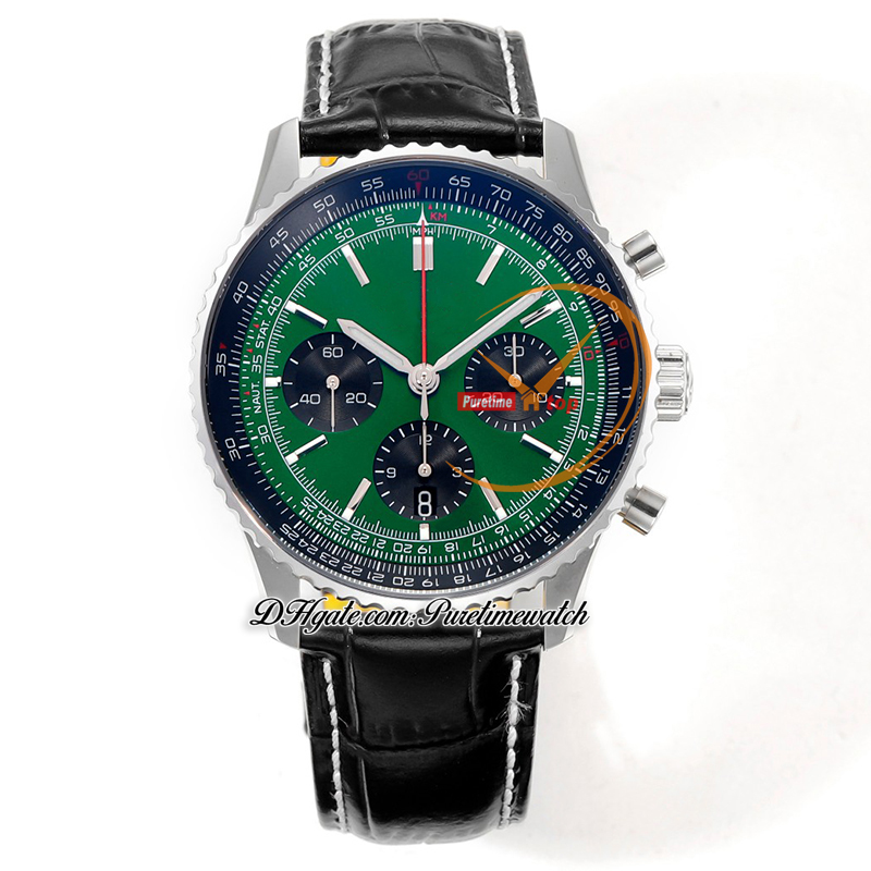 BLS NAVITIMER B01 ETA A7750 Automatisk kronograf Mens Watch Green Stick Dial Black Leather Strap AB0137241L1P1 Super Edition Reloj Hombre Watches Puretime K11