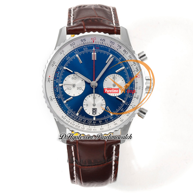 BLS Navitimer B01 ETA A7750 Cronógrafo automático Reloj para hombre Azul Blanco Stick Dial Correa de cuero marrón AB0137211C1P1 Super Edition Reloj Hombre Puretime J10