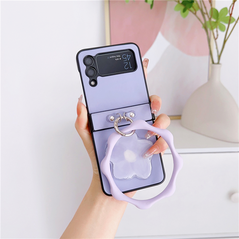 Luxuriöse Vogue-Handyhülle mit Blumendruck für Samsung Galaxy Folding Z Flip3 Flip4 5G, langlebiges Armband, Armband, Lederfaltschale, stoßfest mit Scharnierschutz