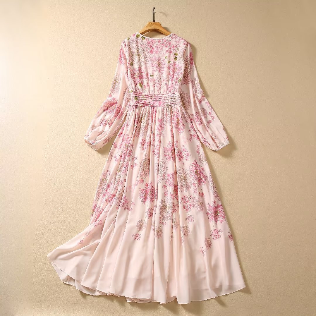 2023 Verão Rosa Estampa Floral Fita Laço Vestido Chiffon Manga Longa Decote Redondo Cinto Longo Maxi Vestidos Casuais A3Q191341 Plus Size XXL