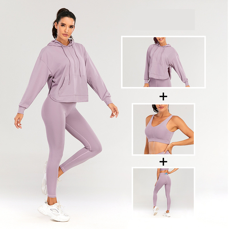 lu Women Three piece Sports Set Jacket Legging Bra Fitness Running Leisure Fall Hooded Long Sleeve Coat Pants Tracksuit